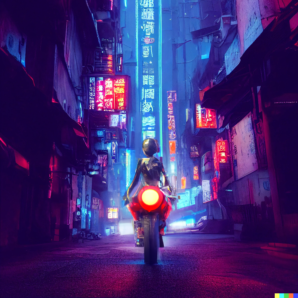 robot lady on a motorcycle in cyberpunk street