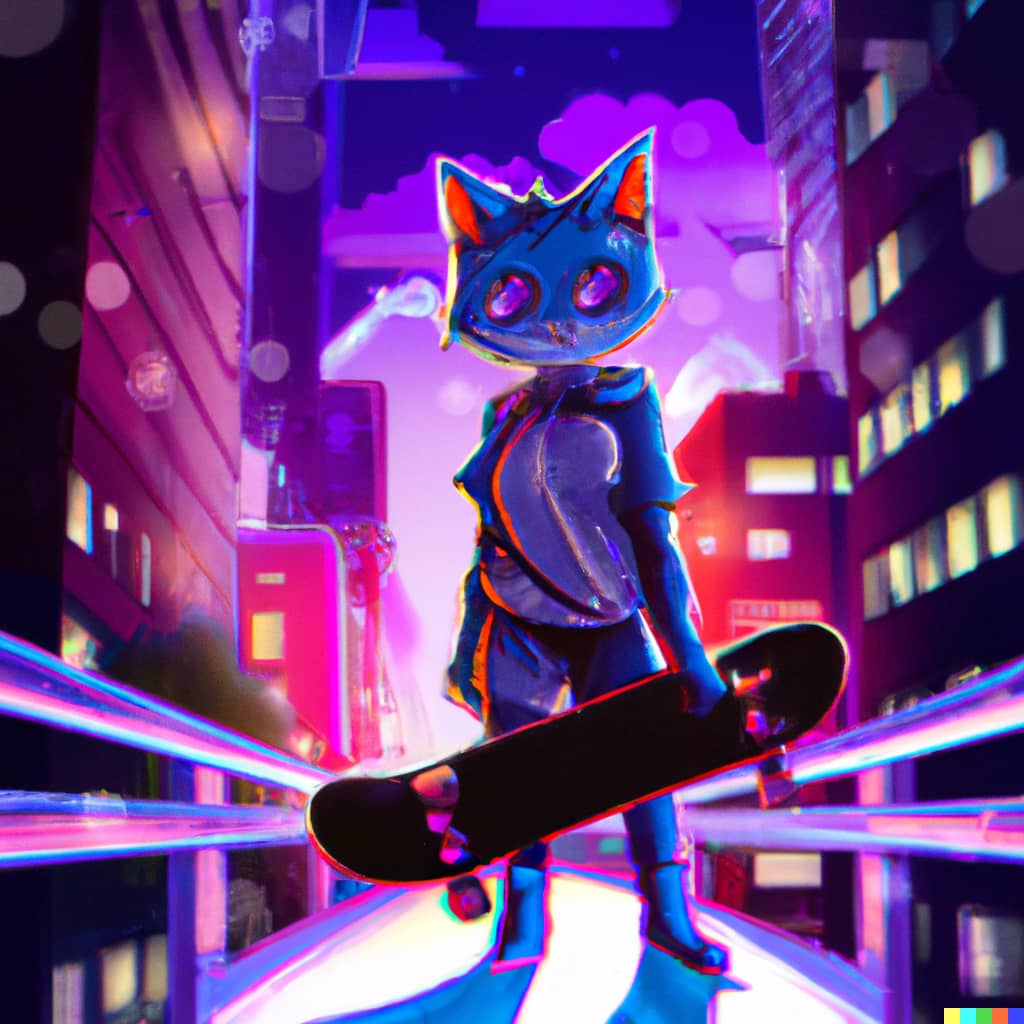 illustration of a skateboarding cyberpunk cat character