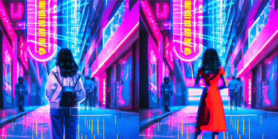 woman in neon city streets with different clothes
