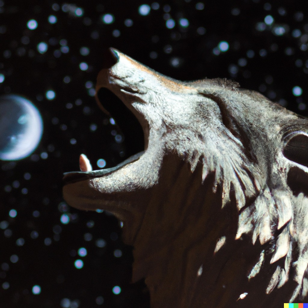 close up of a wolf howling at the moon