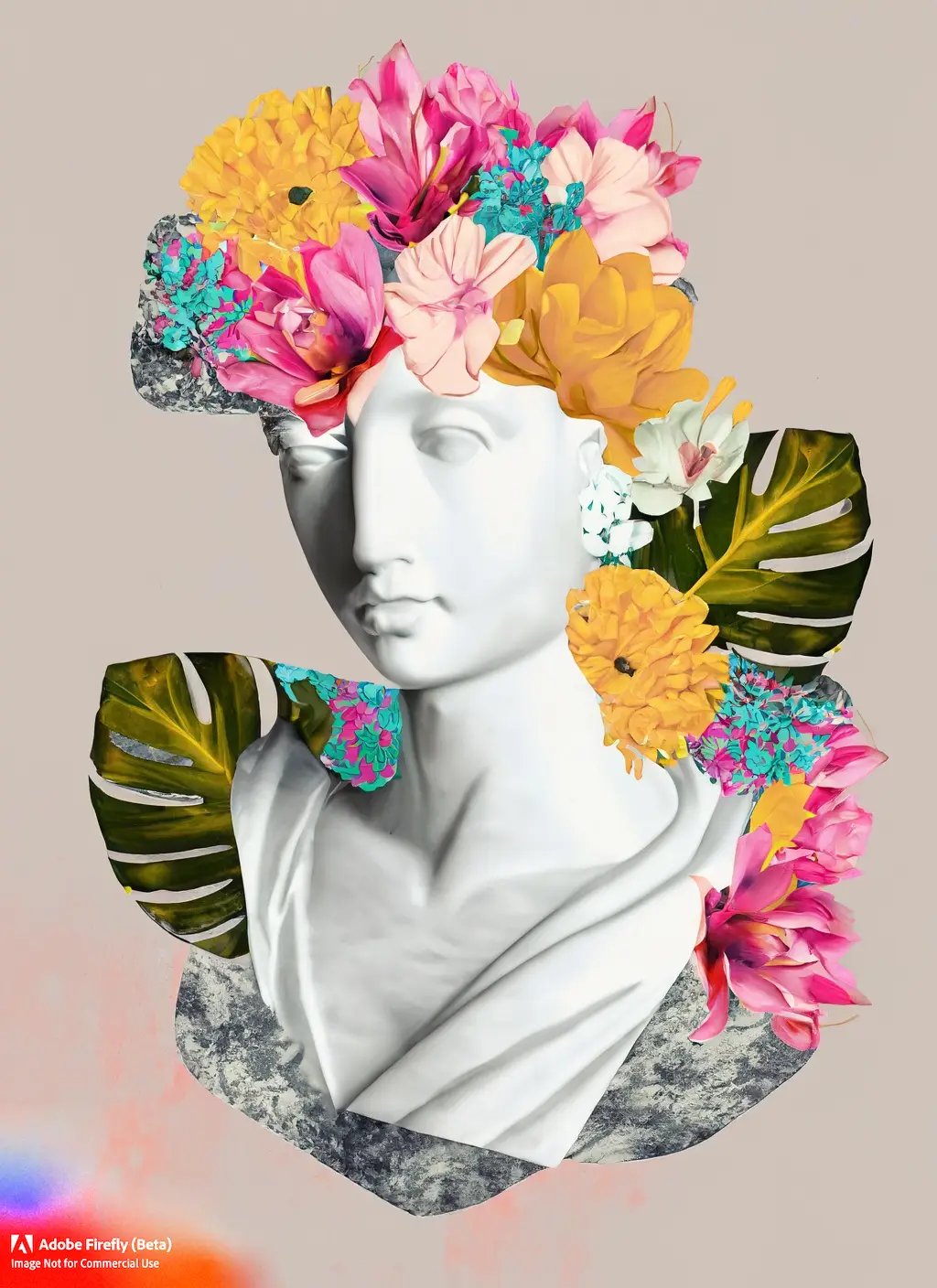 contemporary art collage of a geek marble statue and tropical flowers