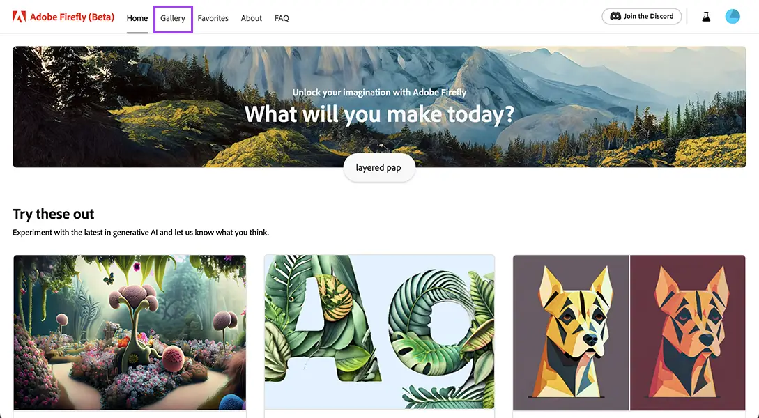 Screenshot of the Firefly homepage highlighting the gallery tab
