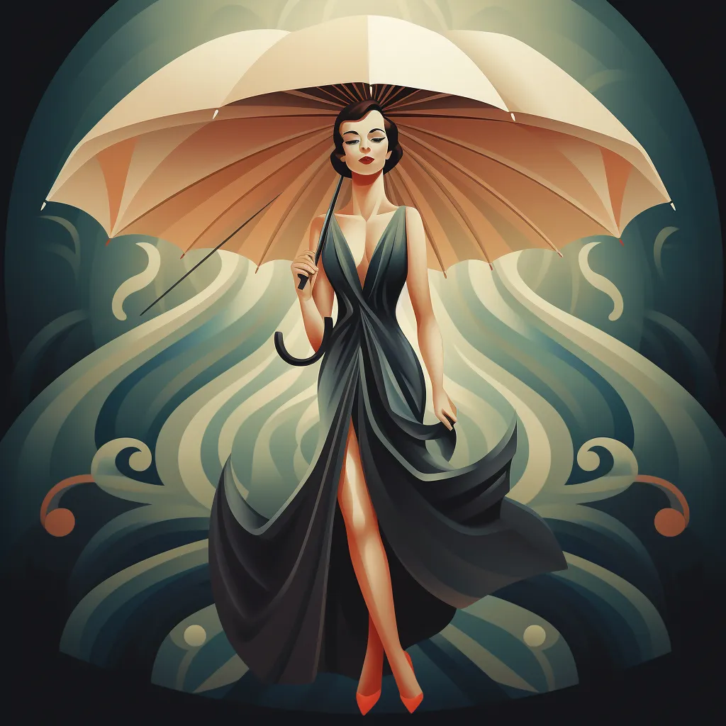 Art deco illustration of a Woman holding an umbrella