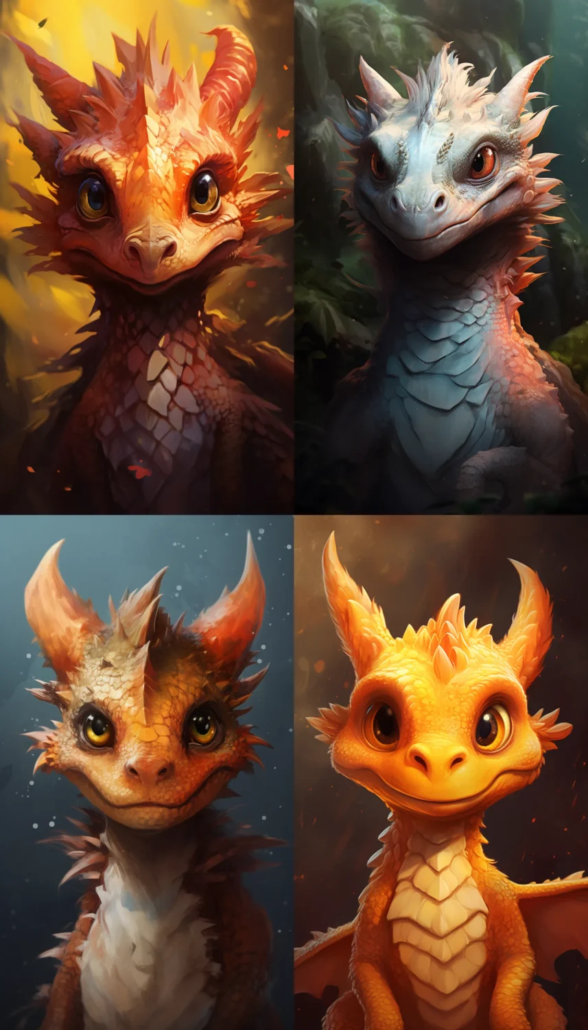 Midjourney grid of portrait of a dragon with a 4:7 ratio