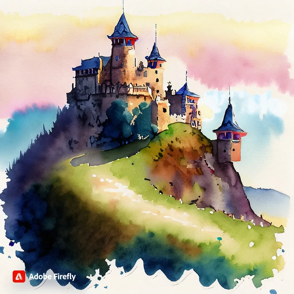 Firefly water color painting of a castle on a hill