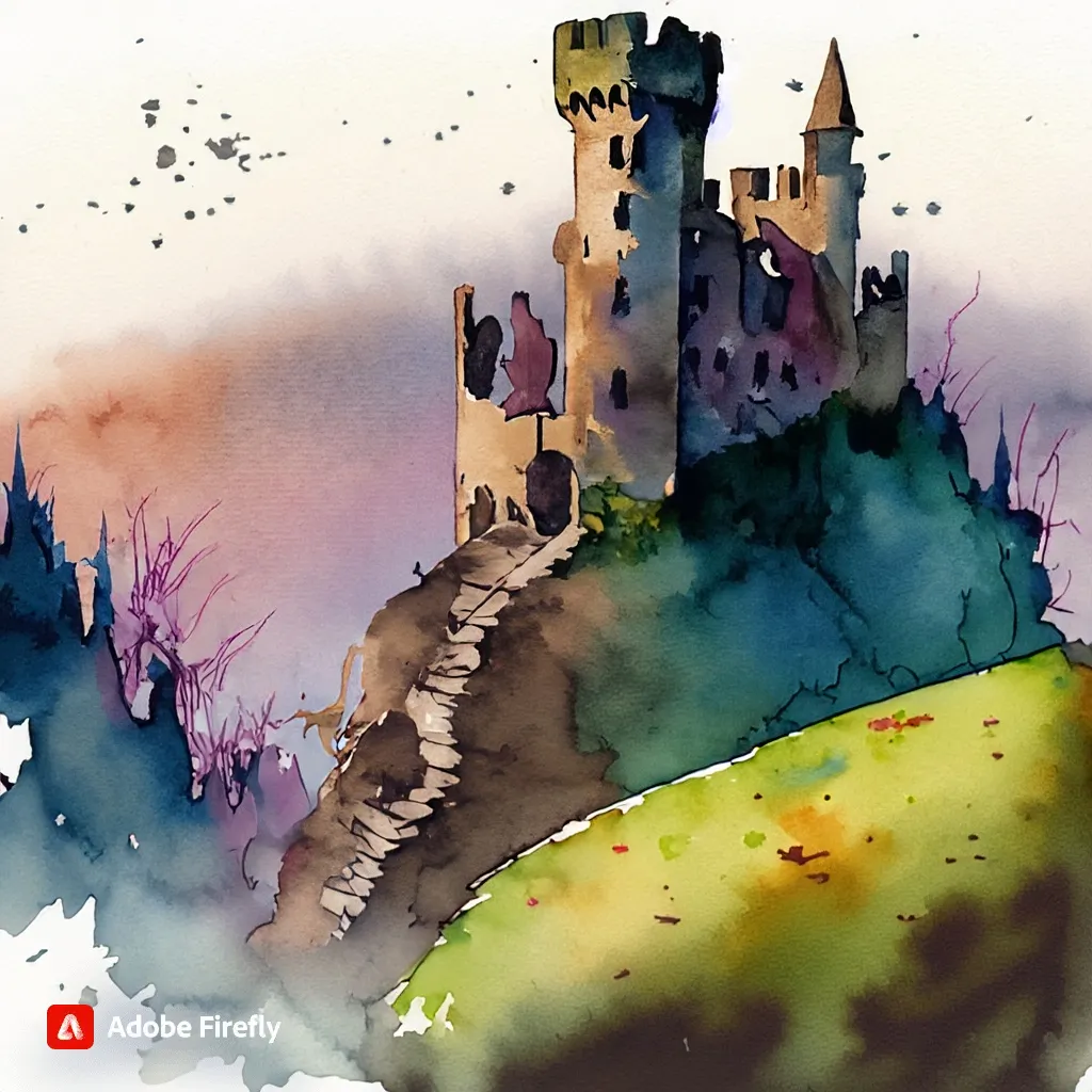 Firefly water color painting of a castle on a hill