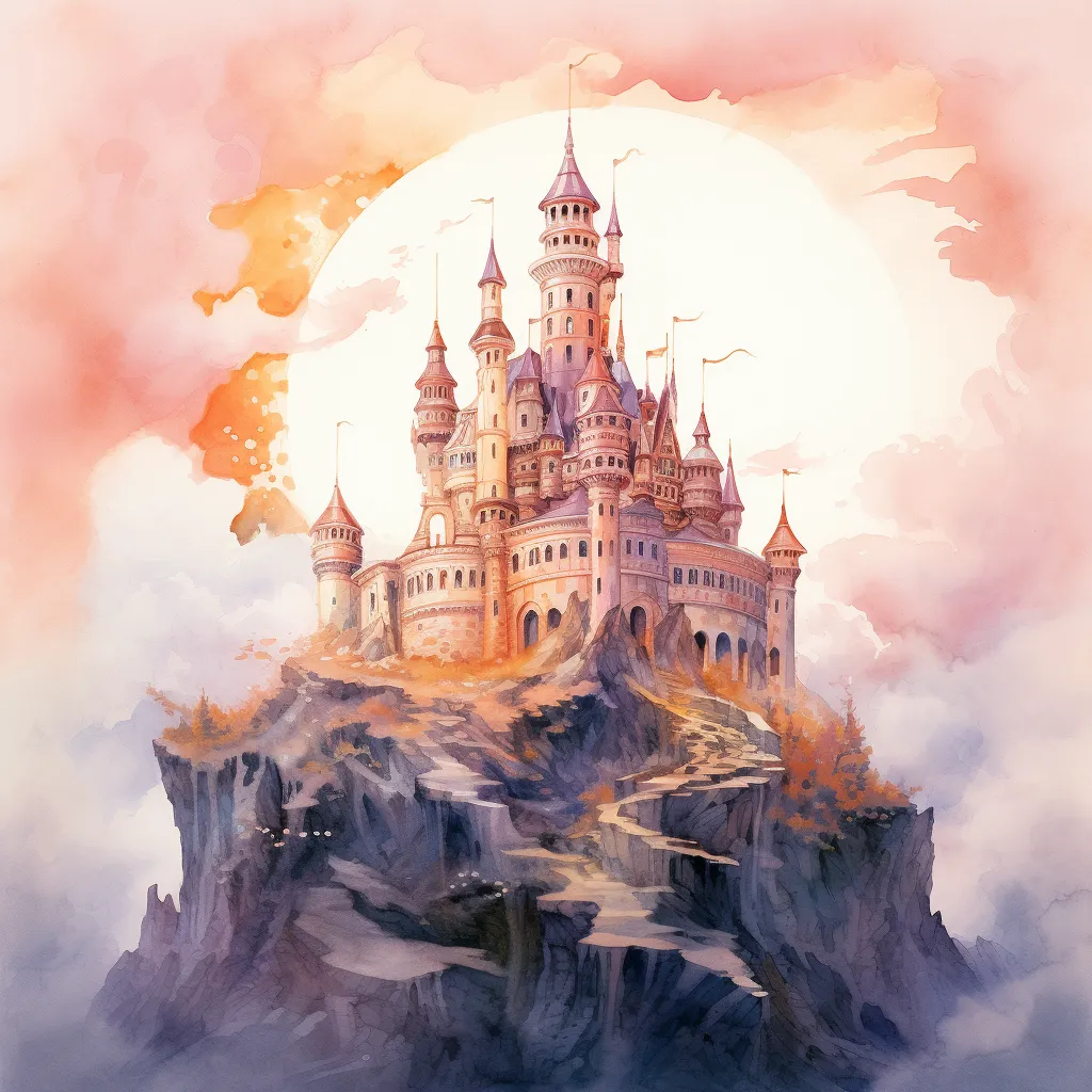 Midjourney water color painting of a castle on a hill