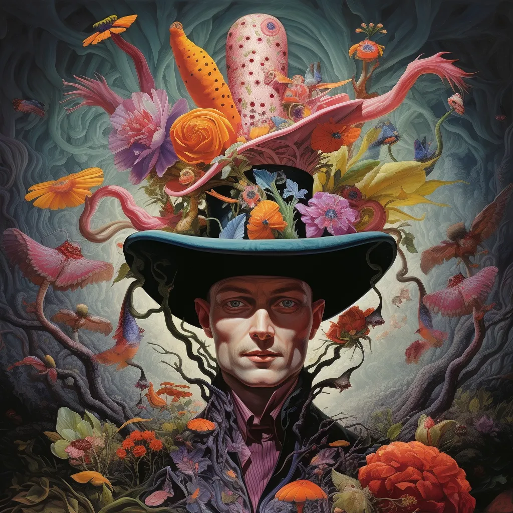 a surrealistic painting of a man wearing a hat generated in Midjourney