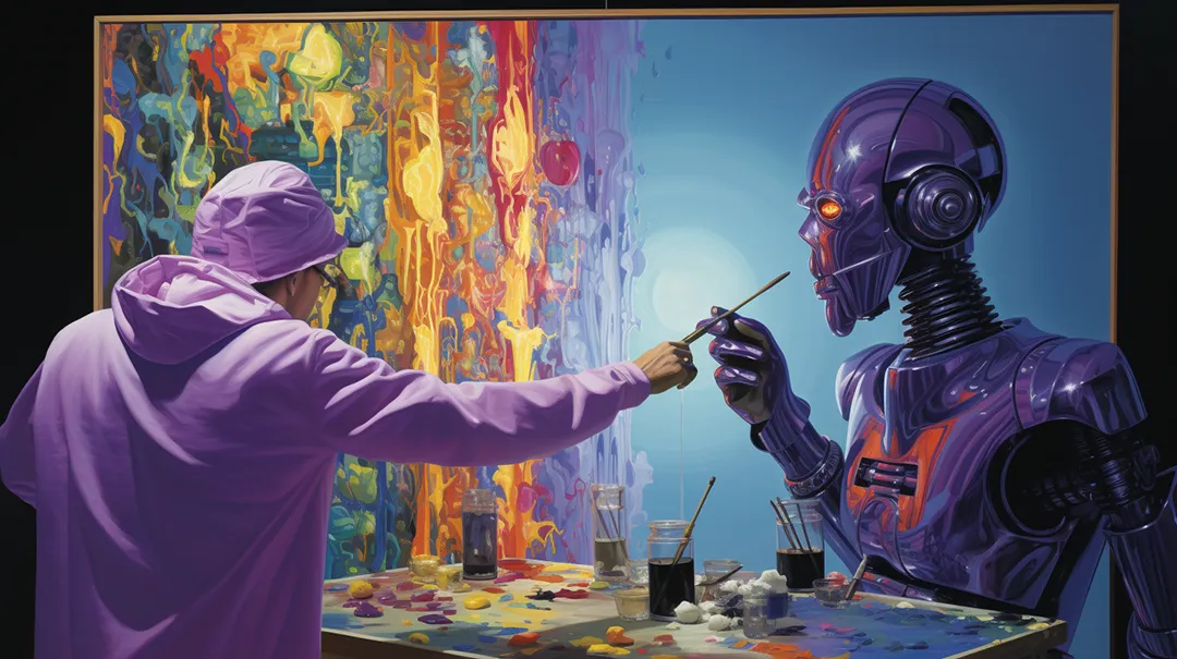 Artist and robot painting together, generated by Midjourney