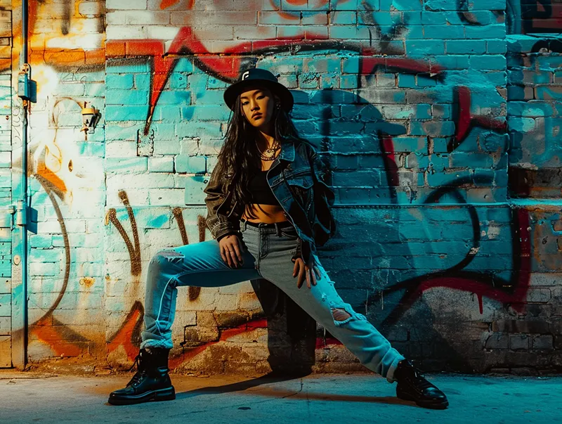 a photo of a fashion model posing for a hip hop poster, generated in Midjourney 4:3