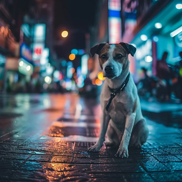 a moody photo of a dog in a busy city street, generated in midjourney
