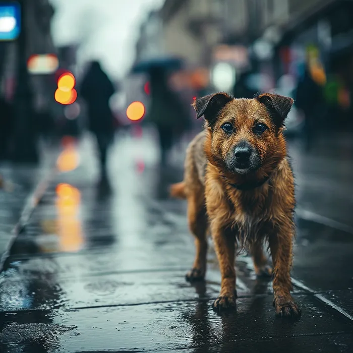 a asymmetrical photo of a dog in a busy city street, generated in midjourney