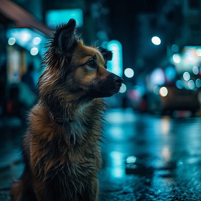 a moody photo of a dog in a busy city street, generated in midjourney