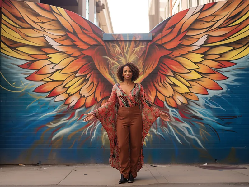 a photo of a woman in front of wings grafitti style raw, generated in Midjourney