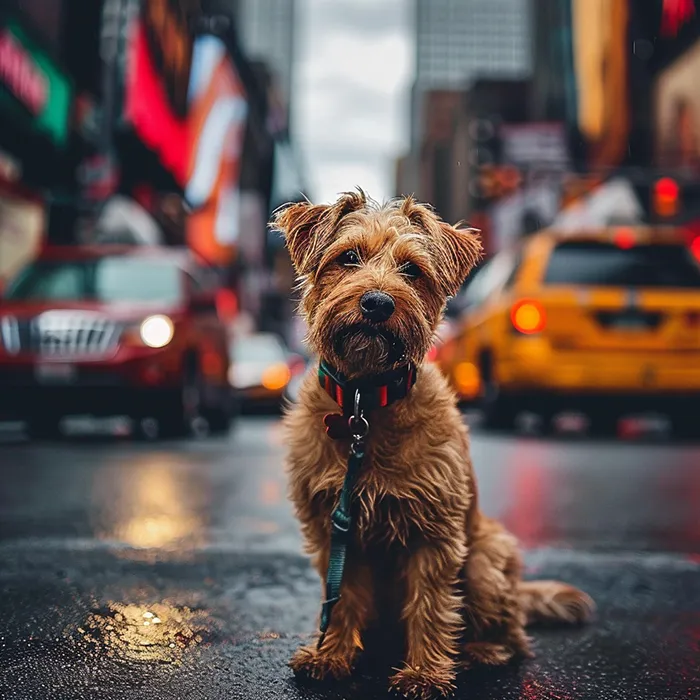 a photo of a dog in a busy city street, generated in midjourney
