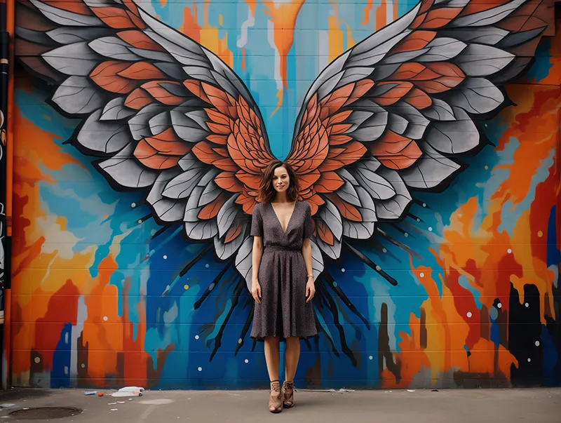 a photo of a woman in front of wings grafitti, generated in Midjourney