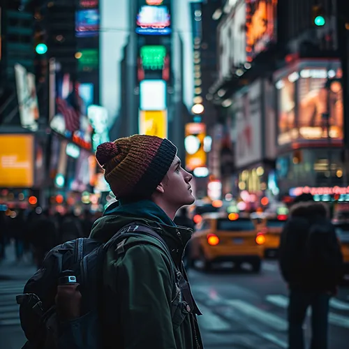 a young man walking on a busy city street, generated in Midjourney