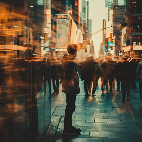 a young man walking on a busy city street, generated in Midjourney