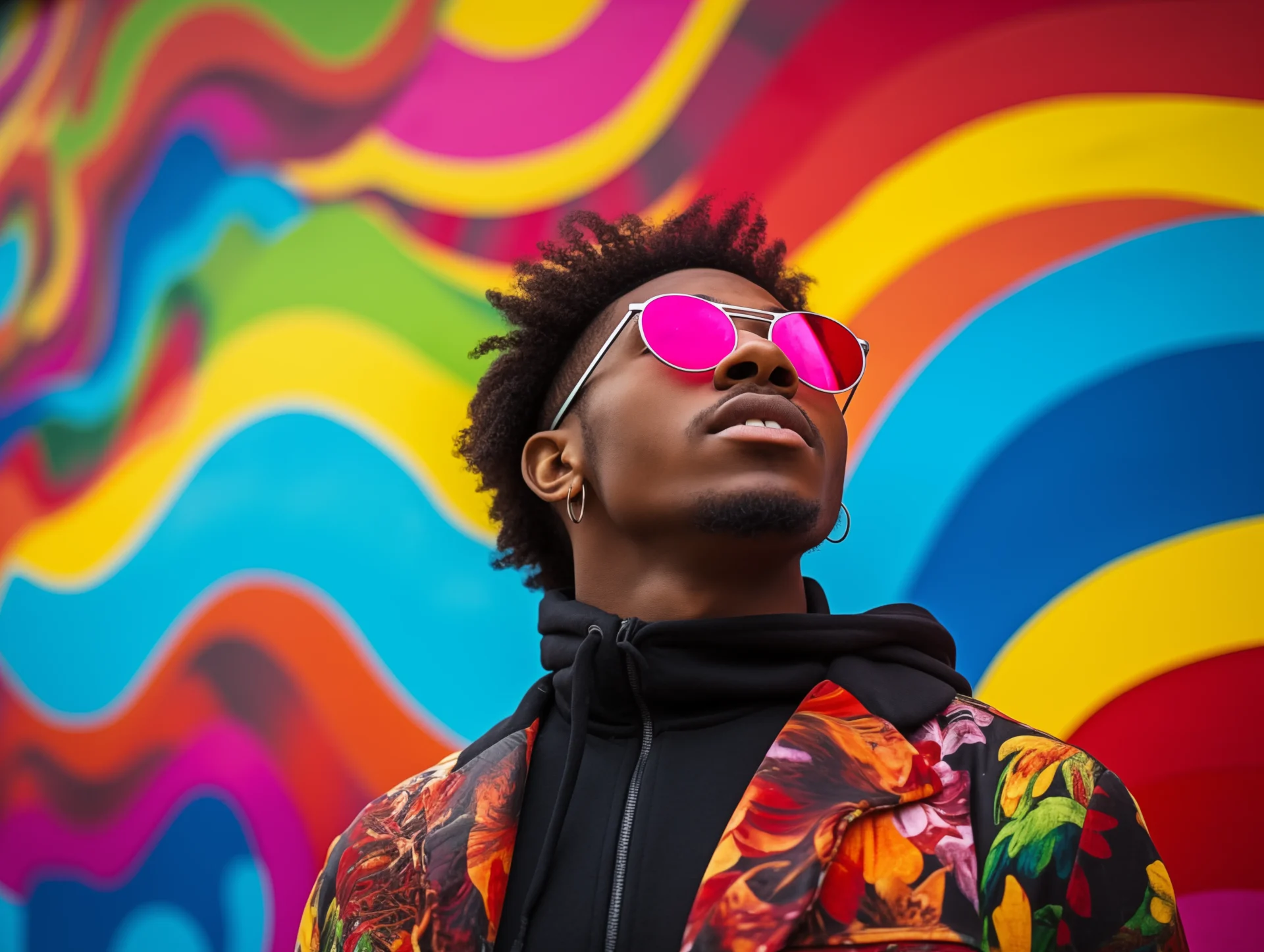 portrait of a man in front of a mural, generated in Midjourney