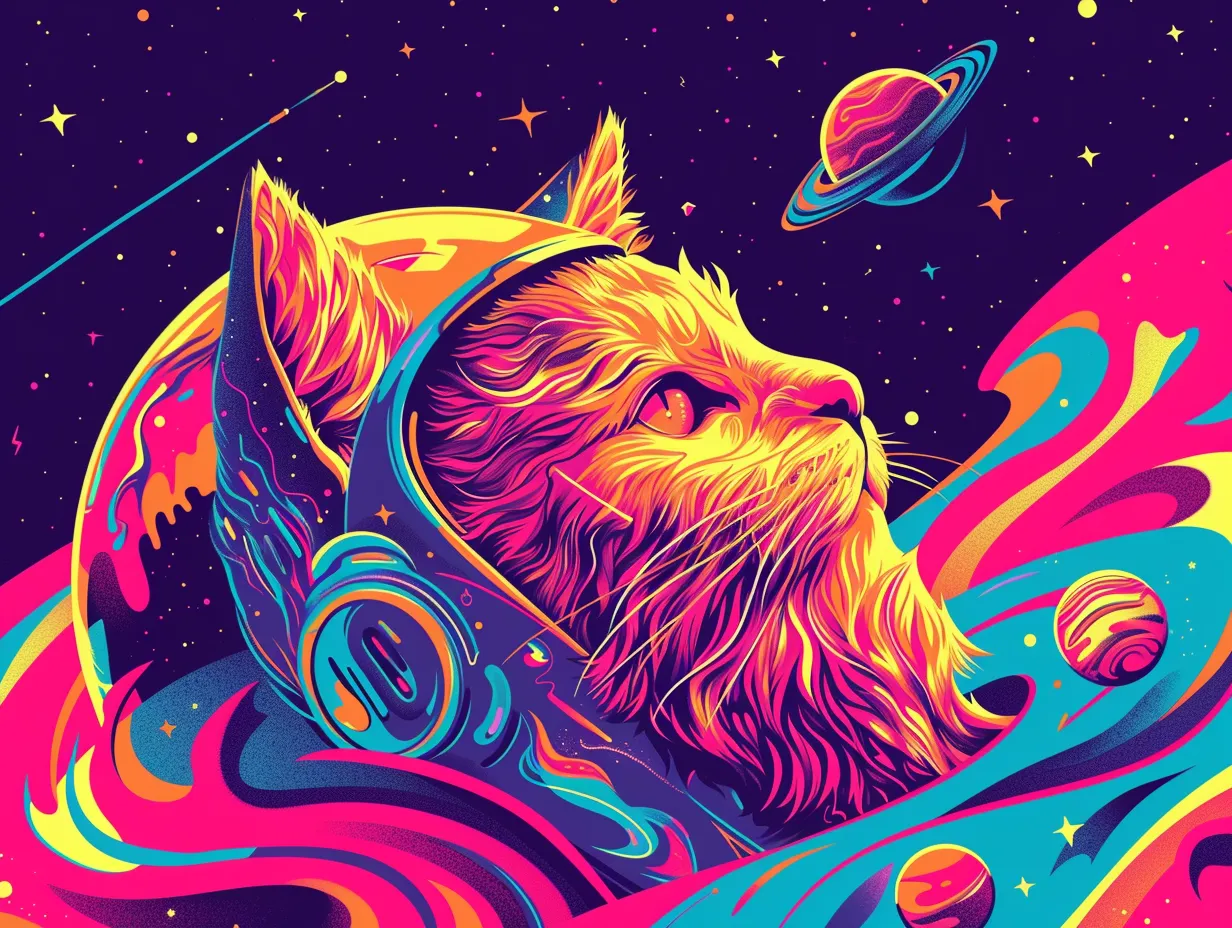 vector illustration of a cat in space generated in Midjourney