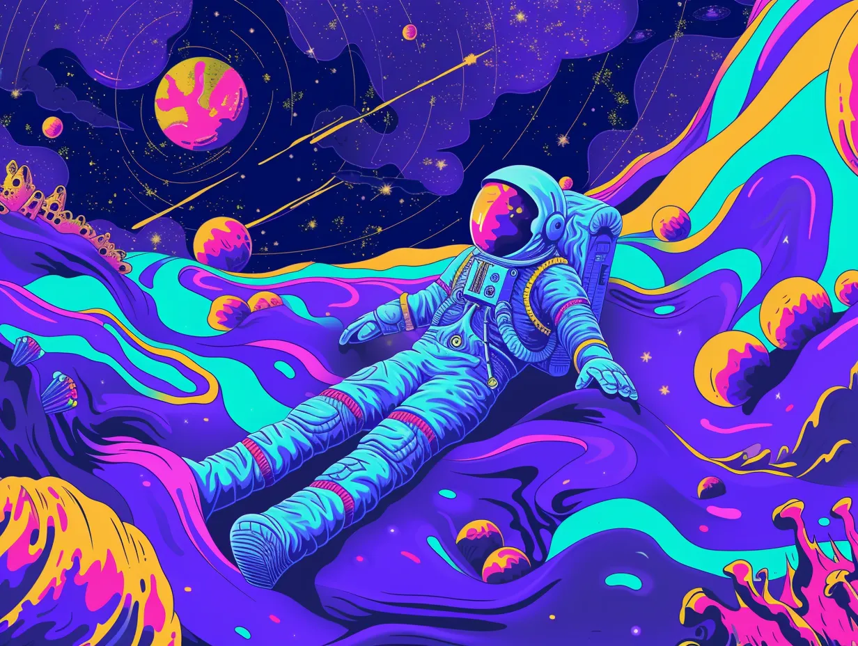 A psychadelic illustration of an astronaut generated in Midjourney