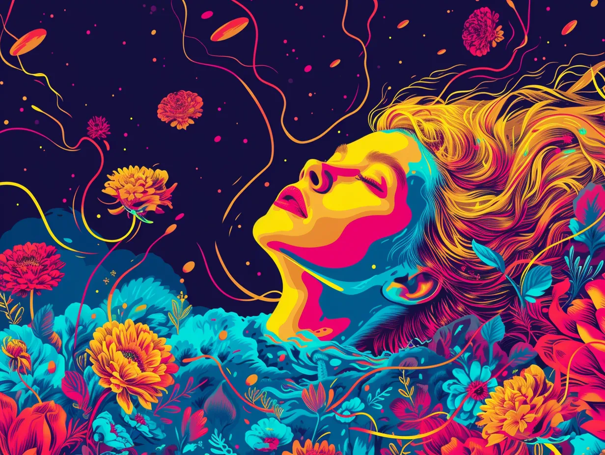 An illustration of a woman in space with flowers generated in Midjourney