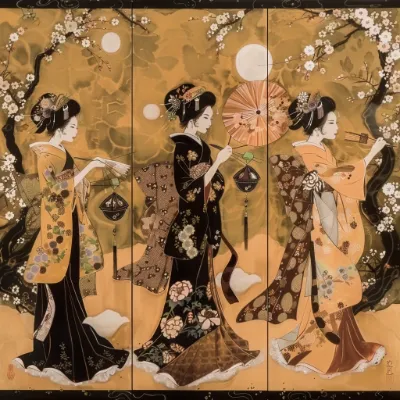 ukiyo-e artwork of courtesans generated in Midjourney