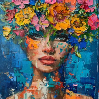 dabbed-flowers-hair--tbarbs._A_dabbed_pallet_knife_painting_of_A_portrait_of_a_woman_77a302f6-588b-4693-a3f6-cb8261c83439 Pallet knife painting of a woman with flowers in her hair