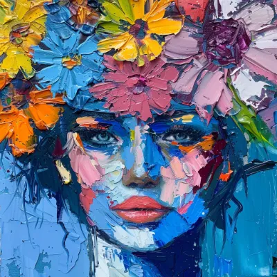 odd-flower-hair--tbarbs._A_pallet_knife_painting_of_A_portrait_of_a_woman_with_f_17238ca6-7759-4a72-a201-f94467b19f5d Pallet knife painting of a woman with flowers in her hair