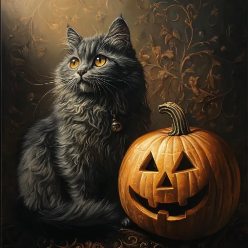 Midjourney AI generated image of a cat and a pumpkin