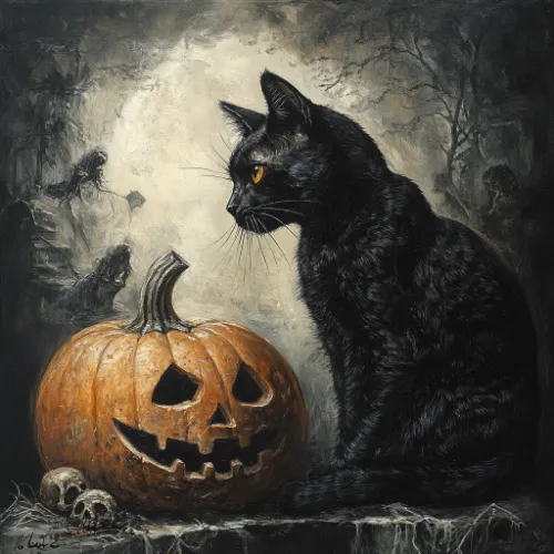 Midjourney AI generated image of a cat and a pumpkin