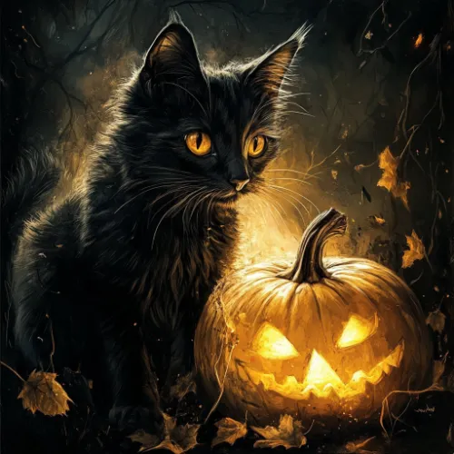 Midjourney AI generated image of a cat and a pumpkin