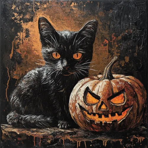 Midjourney AI generated image of a cat and a pumpkin