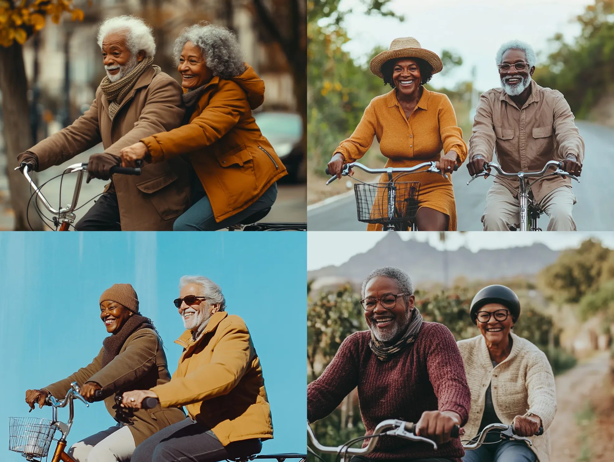 Grid of photos of a couple riding a bike outside