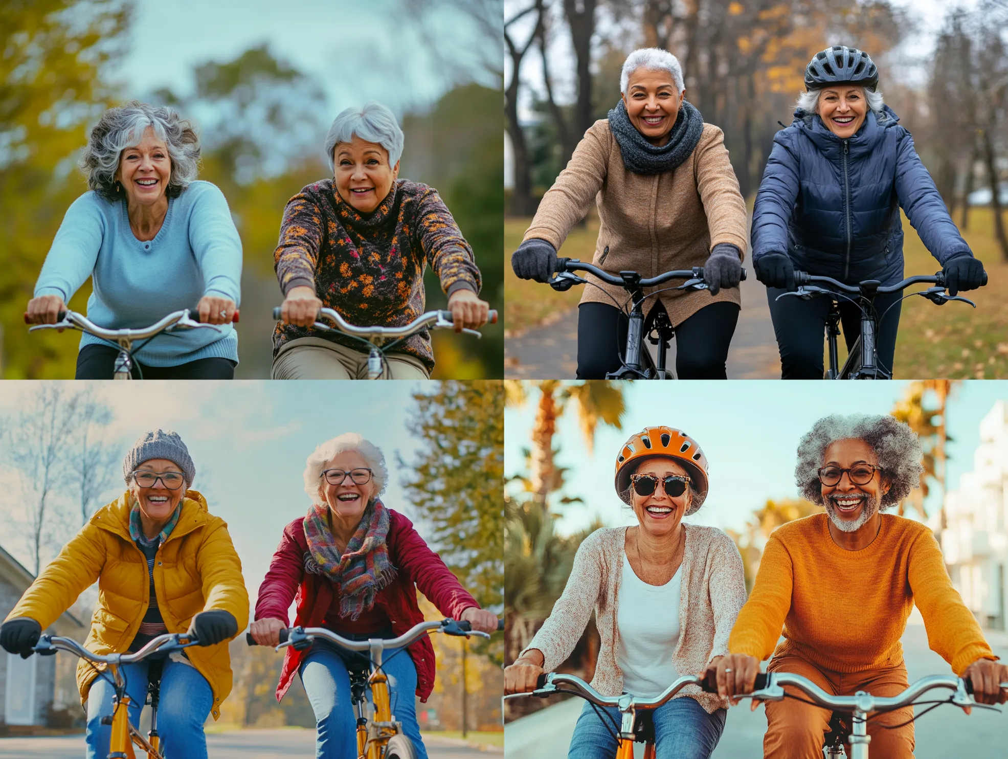 Grid of photos of a couple riding a bike outside with no shared bike
