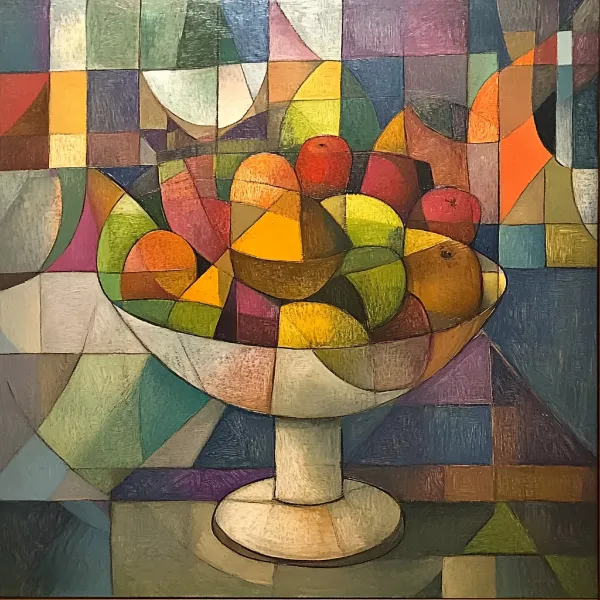 a cubist artwork of a bowl of fruit generated in Midjourney
