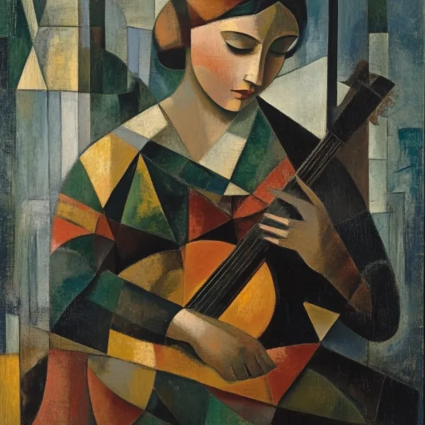 a cubist artwork of a woman playing an instrument generated in Midjourney