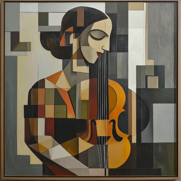 a cubist artwork of a woman playing an instrument generated in Firefly
