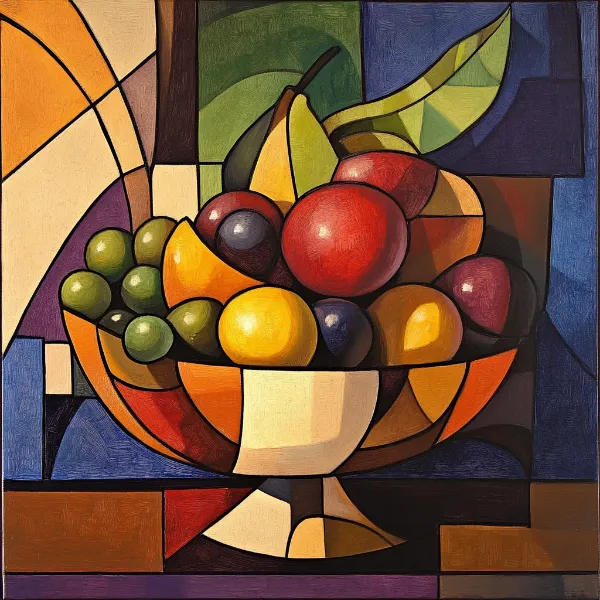 a cubist artwork of a bowl of fruit generated in Midjourney