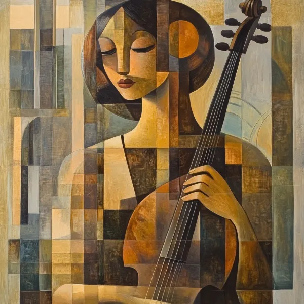 a cubist artwork of a woman playing an instrument generated in midjourney