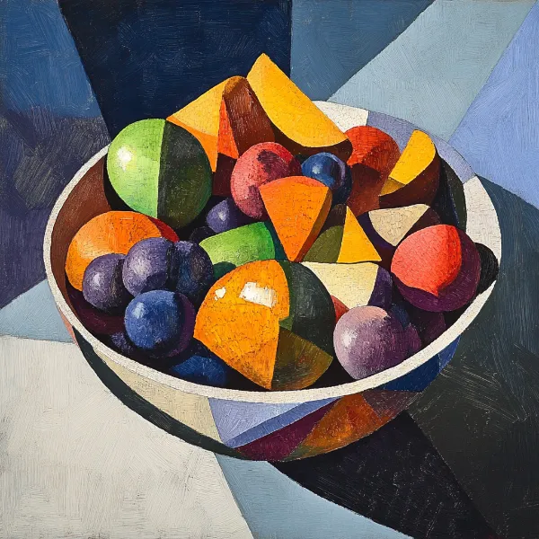 a cubist artwork of a bowl of fruit generated in Midjourney