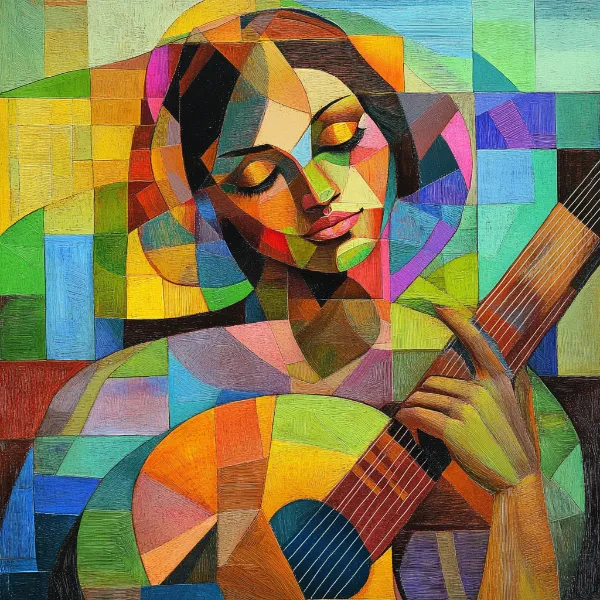 a cubist artwork of a woman playing an instrument generated in Firefly