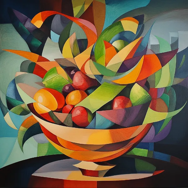 a cubist artwork of a bowl of fruit generated in Midjourney