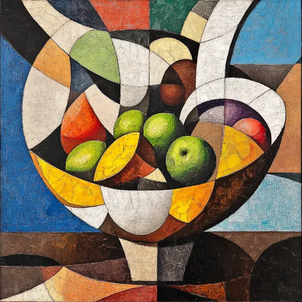 a cubist artwork of a bowl of fruit generated in Midjourney