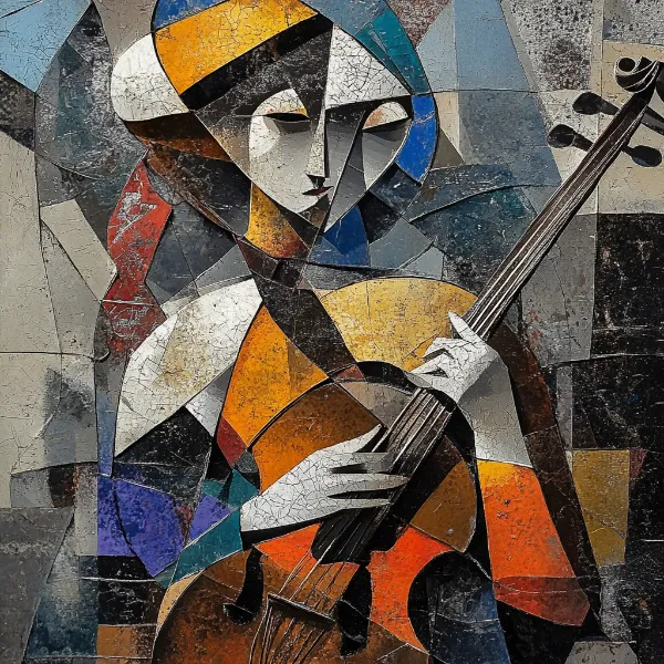 a cubist artwork of a woman playing an instrument generated in Firefly