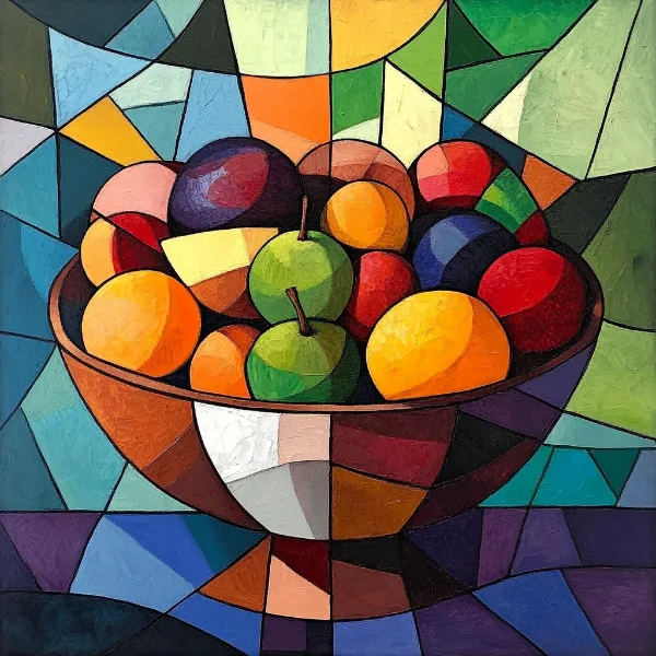 a cubist artwork of a bowl of fruit generated in Midjourney