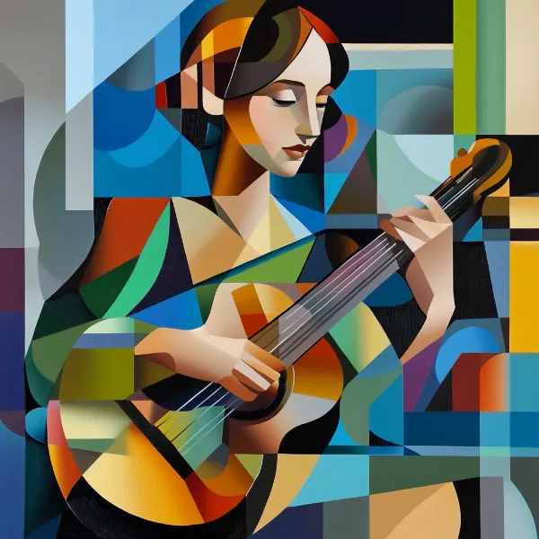 a cubist artwork of a woman playing an instrument generated in Firefly