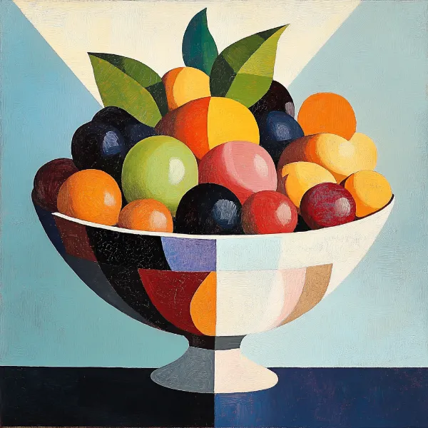 a cubist artwork of a bowl of fruit generated in Midjourney