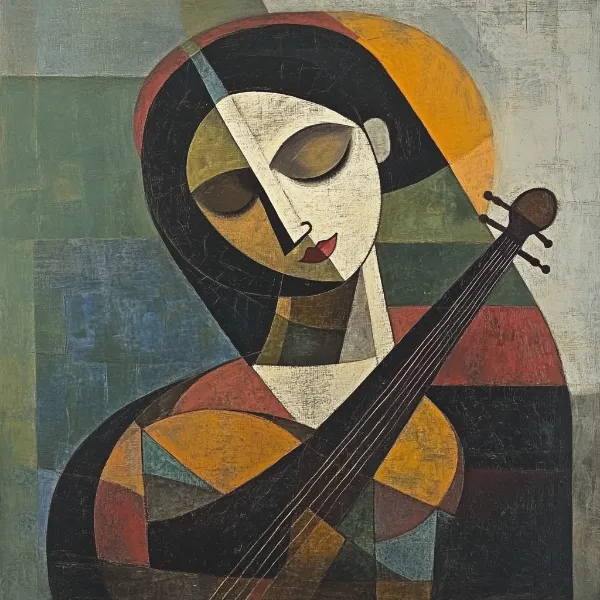 a cubist artwork of a woman playing an instrument generated in midjourney