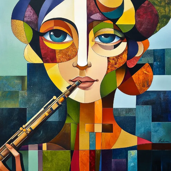 a cubist artwork of a woman playing an instrument generated in Firefly